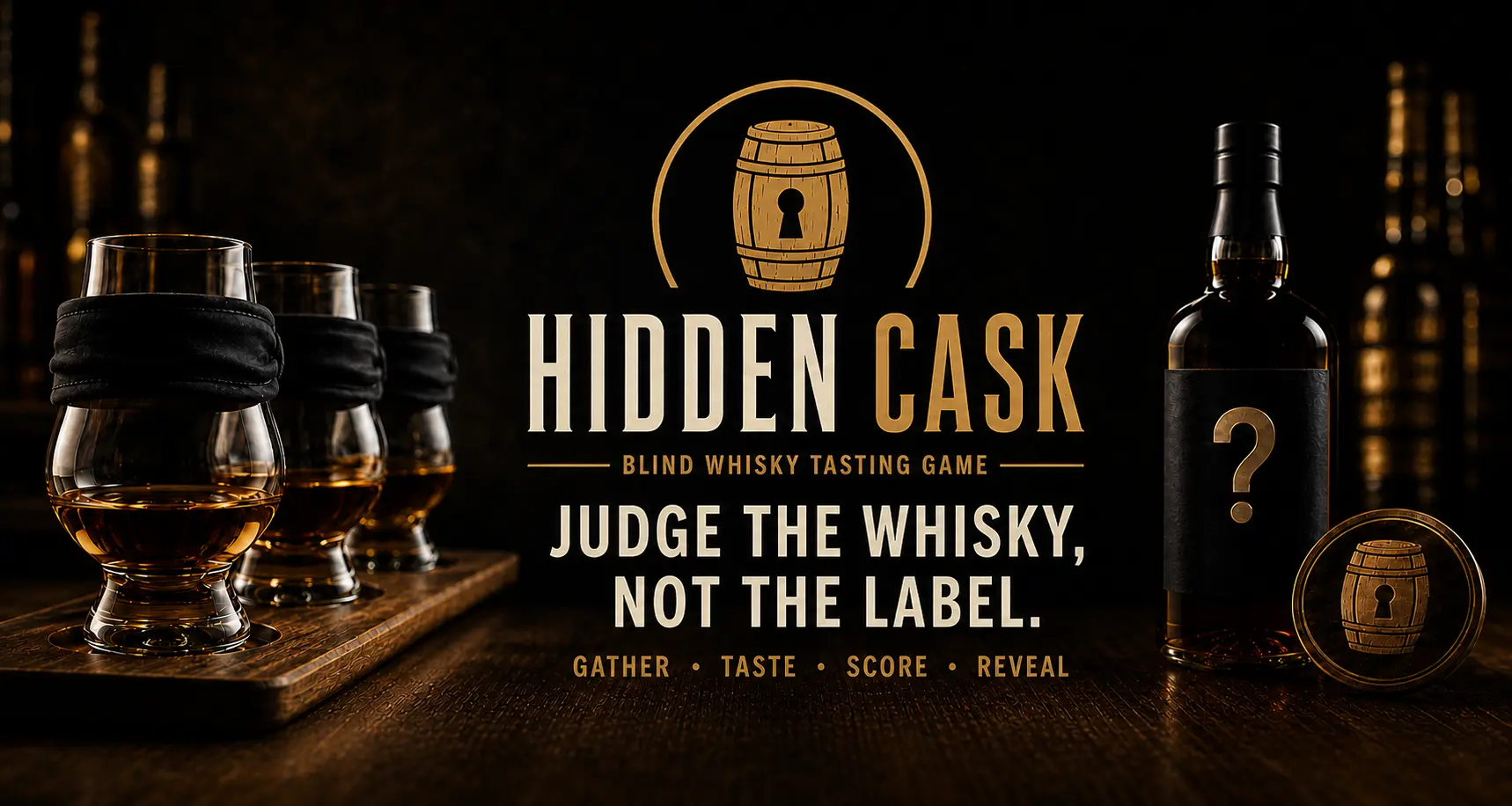 Hidden Cask online blind whisky tasting game with four numbered, blindfolded tasting glasses.