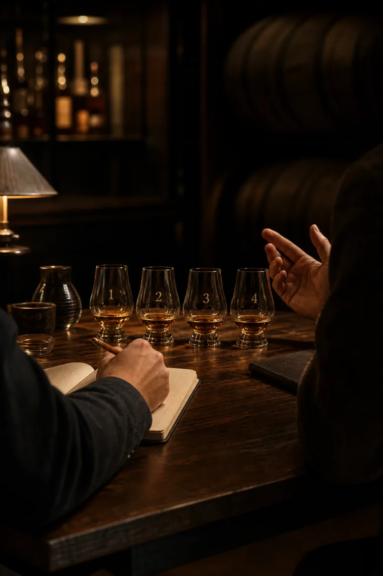 Four numbered whisky glasses at a table while two people discuss a tasting partnership