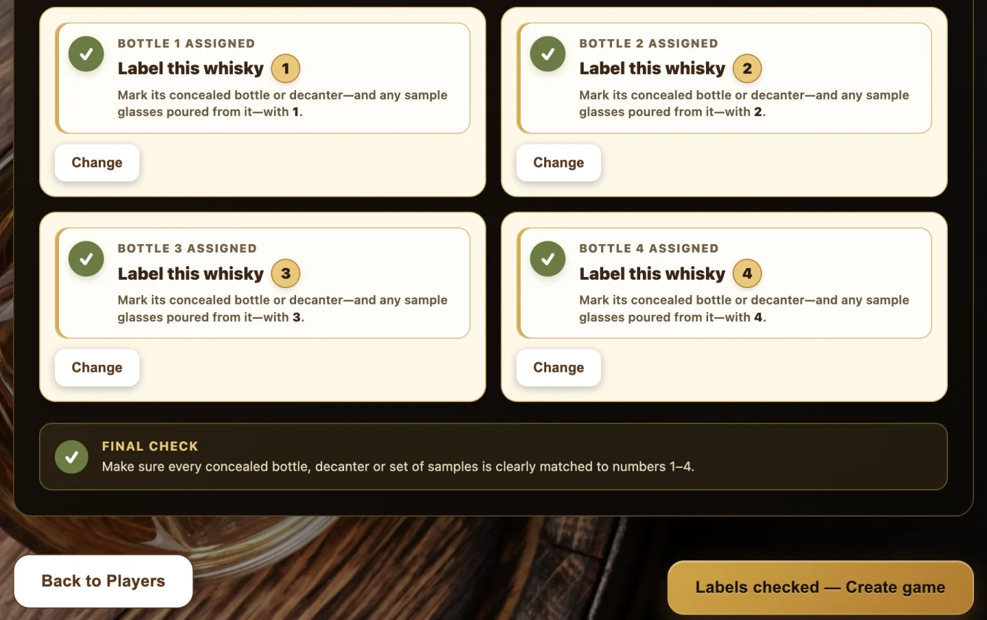 Hidden Cask bottle setup showing four concealed whiskies labelled one to four