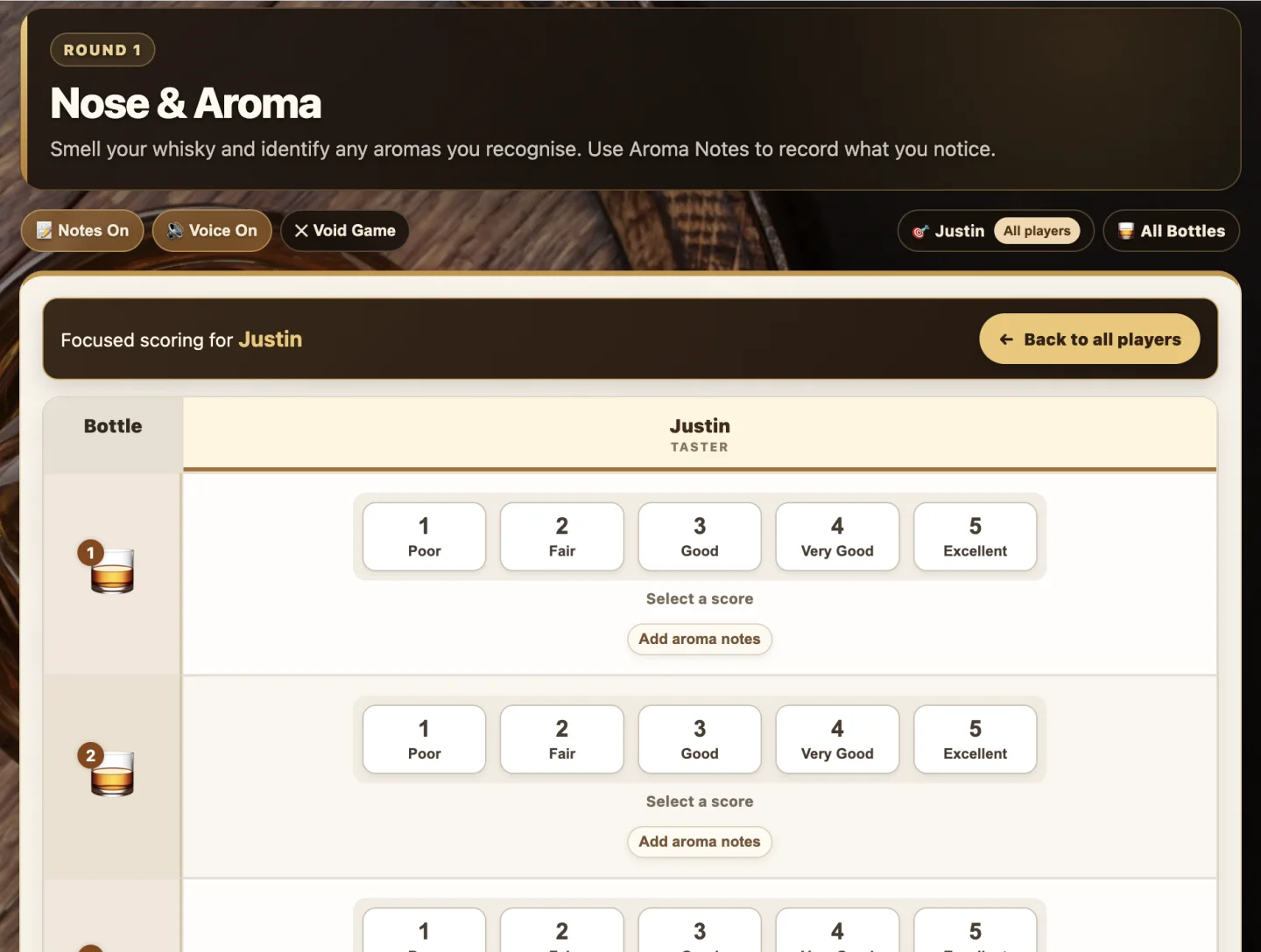 Hidden Cask focused scoring view with large buttons from one Poor to five Excellent