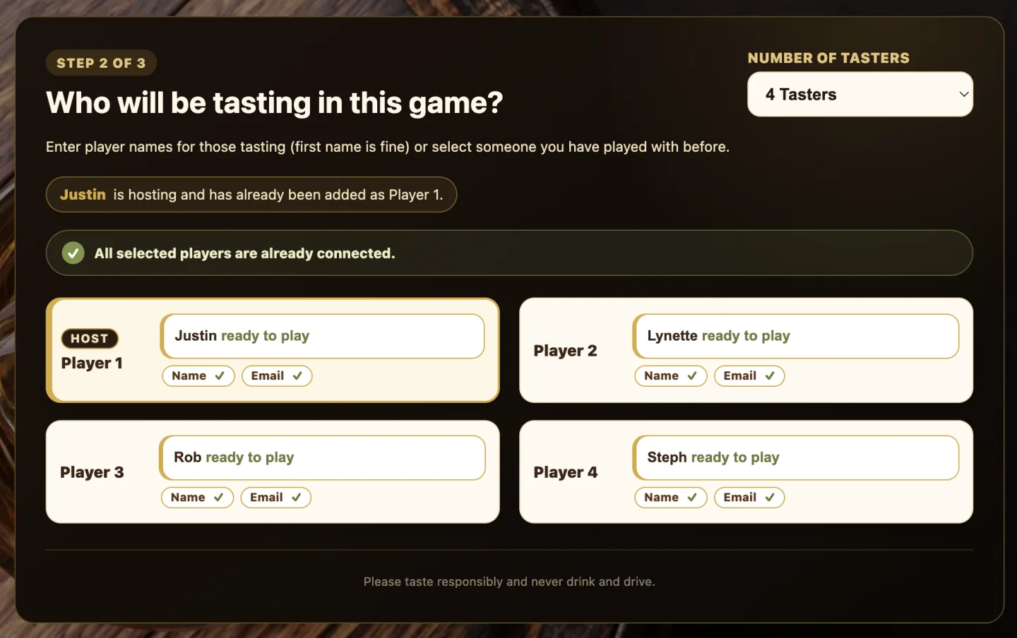 Hidden Cask player selection showing four connected tasters ready to play