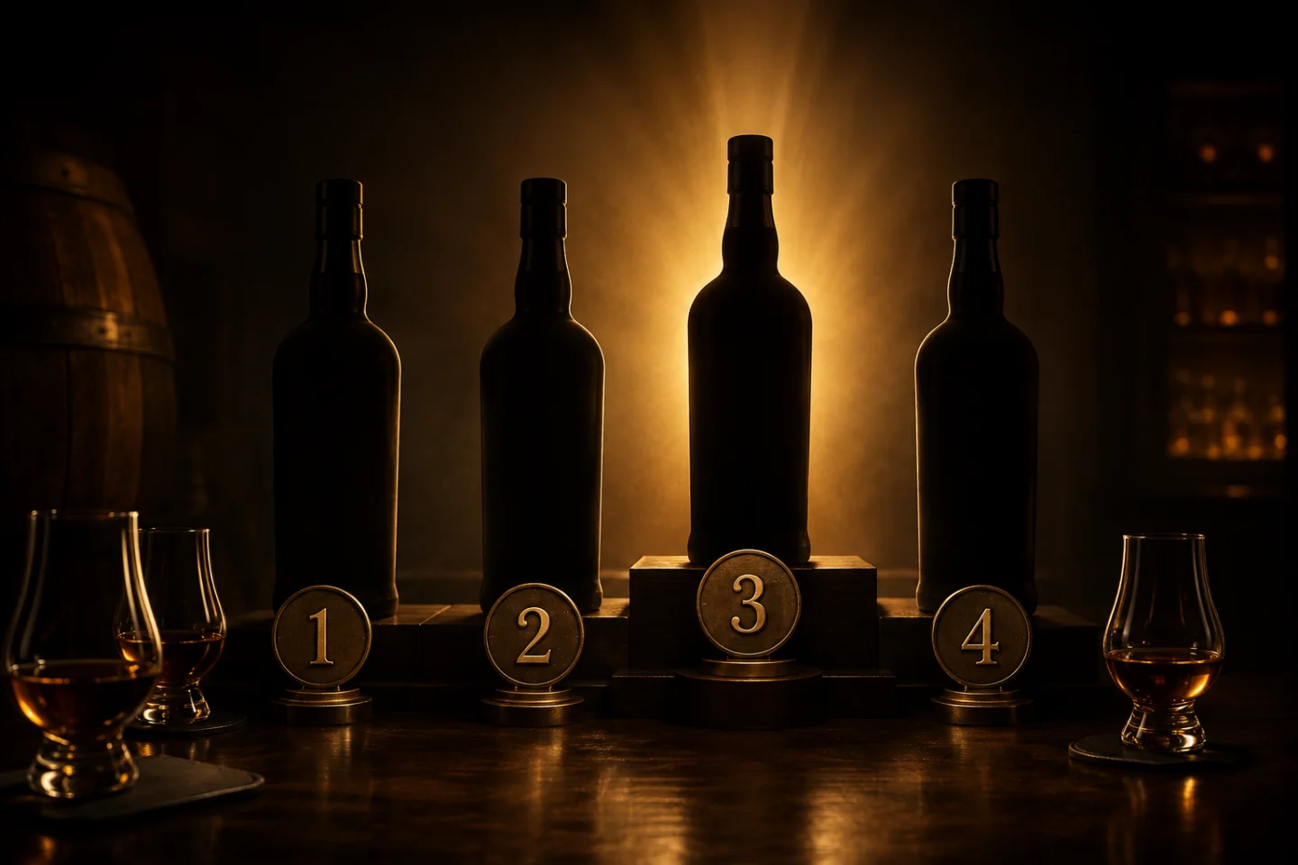 Four concealed whisky bottles numbered one to four moments before the Hidden Cask reveal